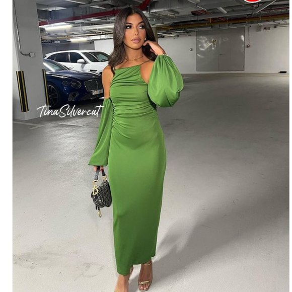 BLOGGER'S FAVE! Zara Long Dress With Gathered Details Green Sz S NWT - Picture 8 of 17